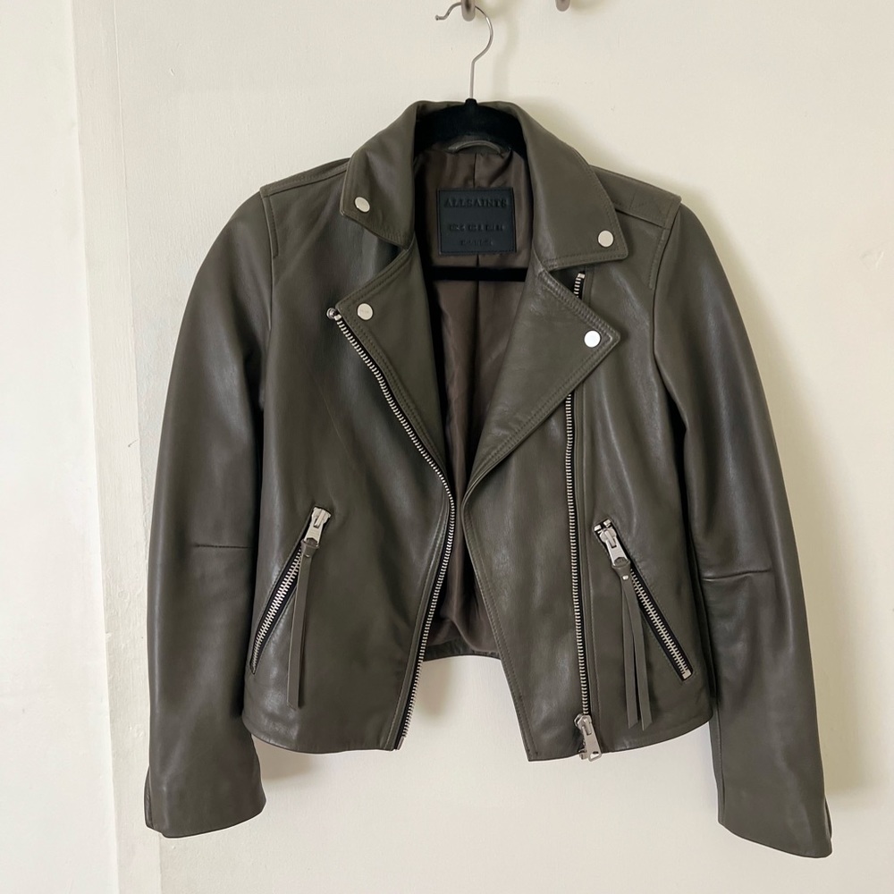 All Saints Dalby Biker Leather Motorcycle Jacket size UK 6 US 2 Emerald Green